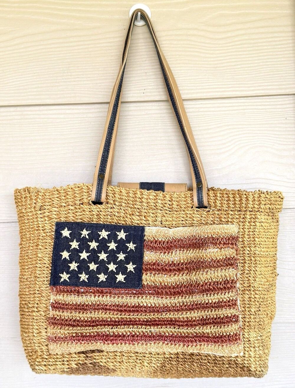 Amanda Smith Vintage Woven Straw American Flag Tote Bag Summer Beach Purse